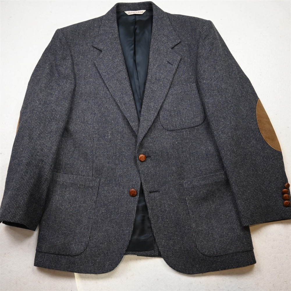 Vtg USA Made 38S Blue Gray Nailshead Wool Tweed Mens Blazer Jacket Sport Coat